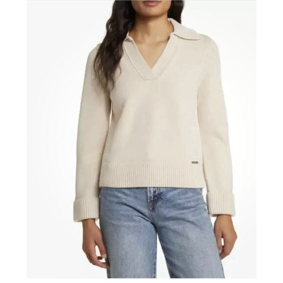 Magaschoni Collared V-Neck Merino Wool Cuffed Sleeve Sweater Womens Size XS - Picture 1 of 6